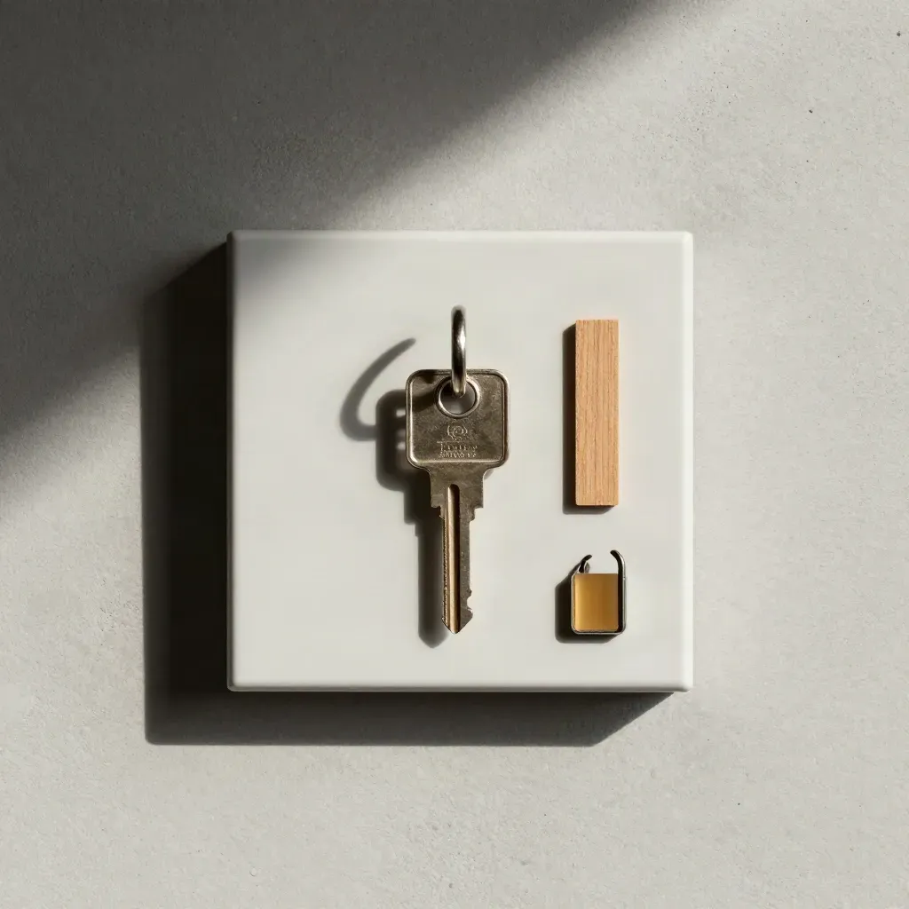 Overhead flatlay of a wall key lockbox, key tag, spare key, cedar shim, and metal hook on concrete
