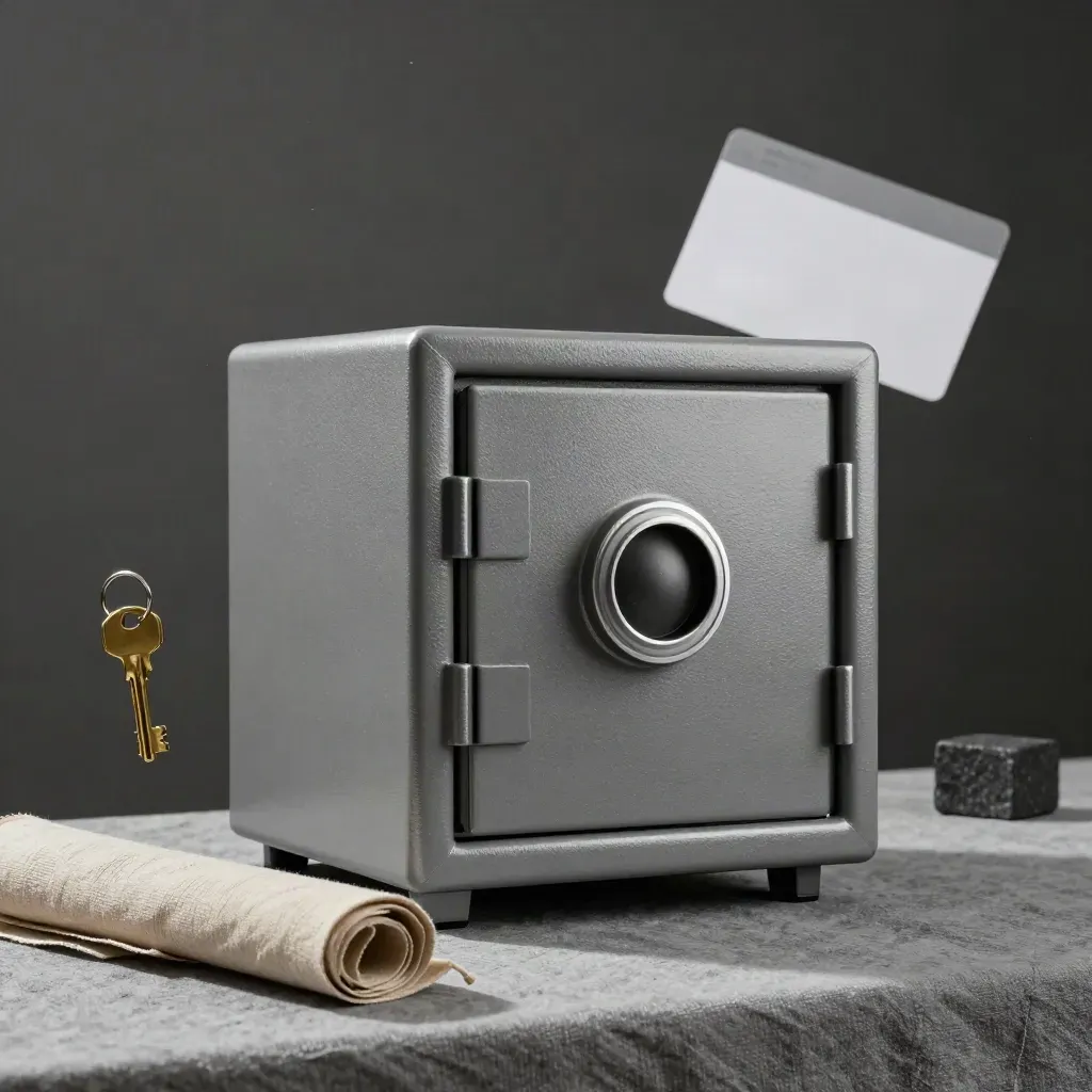 Hovering fireproof safe with linen sleeve, brass key ring, and stone block on ash linen