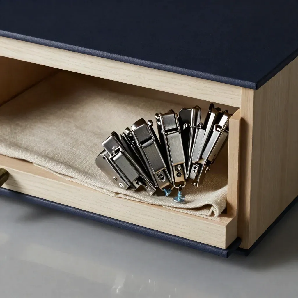 Steel cabinet latch pack fanned across linen beside a pale wood drawer corner in dramatic studio light.