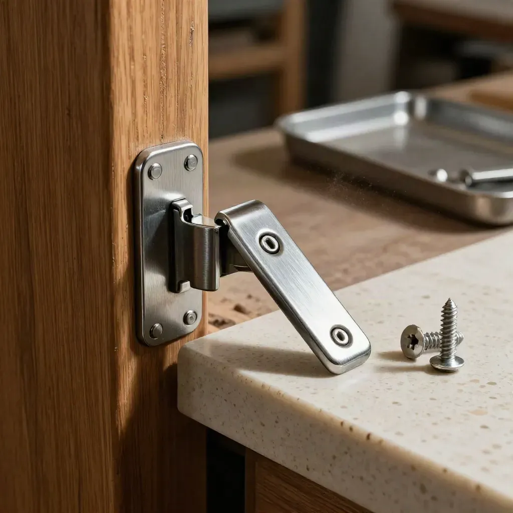 Brushed steel door latch on weathered oak with strike plate, screws, and soft studio light.
