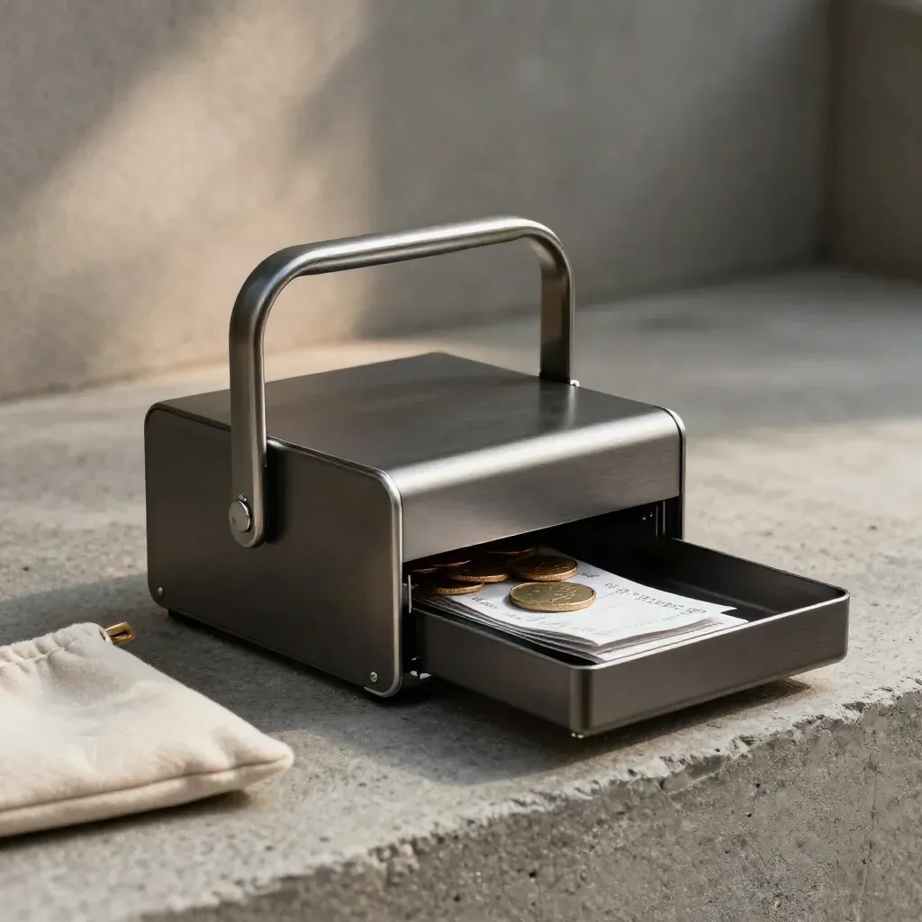 Open steel cash box with coins, receipts, and a wool pouch on concrete step.