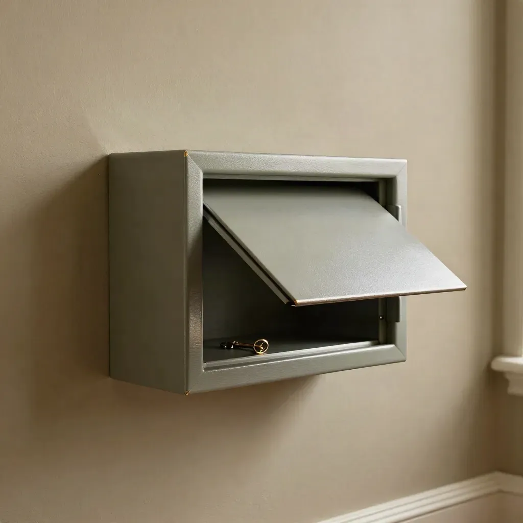 Hidden wall safe box partly open in a plaster wall with keys and a ring on a ledge.