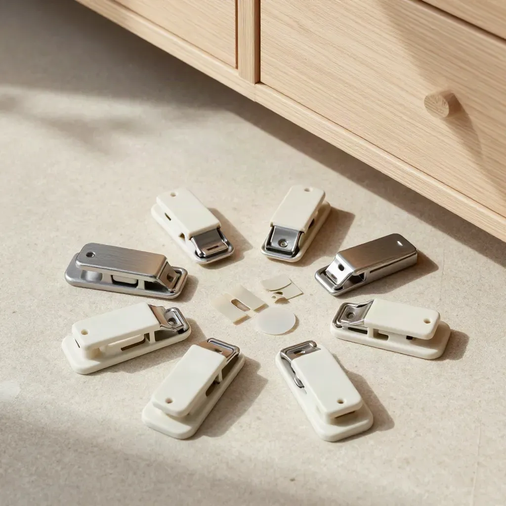 Top-down child safety latch set arranged on pale maple cabinet corner with steel shadows