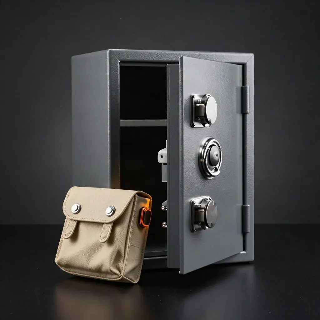 Safe bundle with latch kit box and pouch on a dark studio surface, lit with amber rim light.