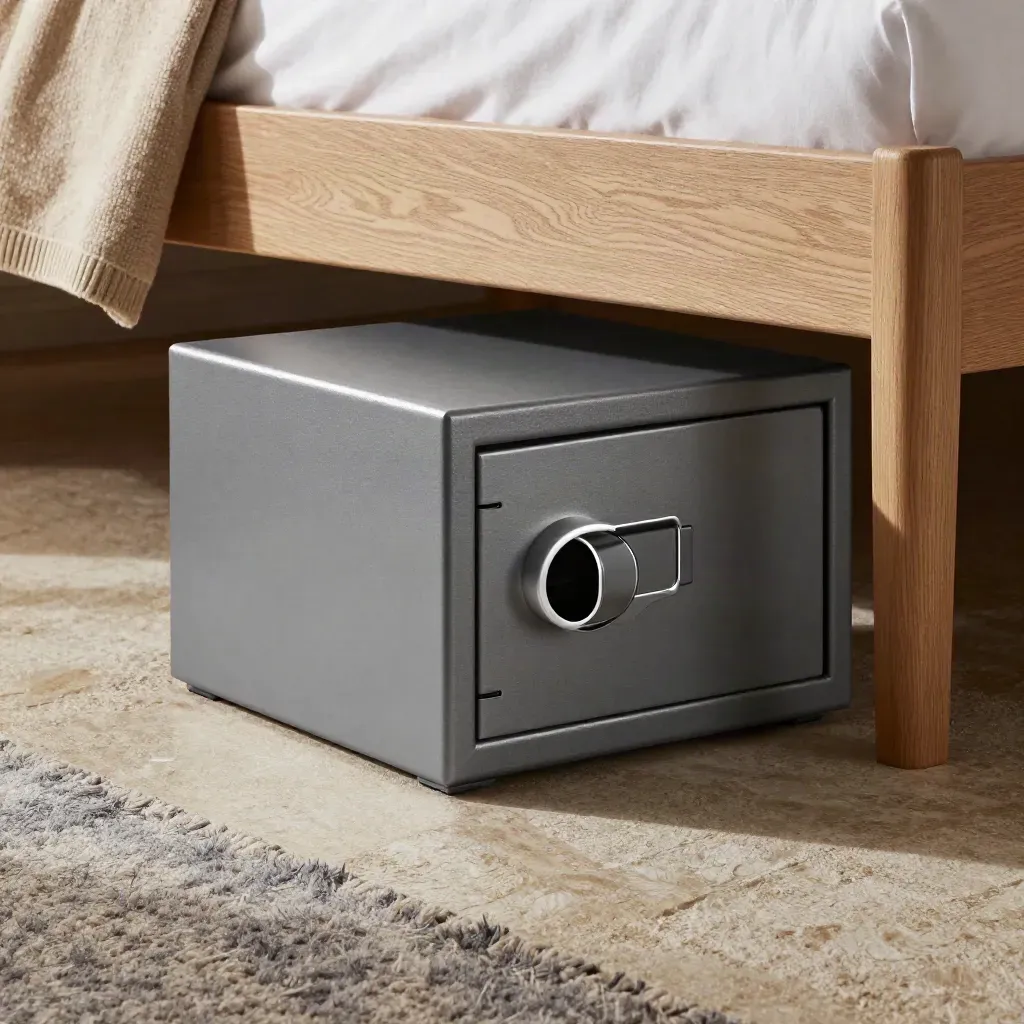 Slim steel home safe partly under a bed, with blanket, rug edge and dust in hard light.