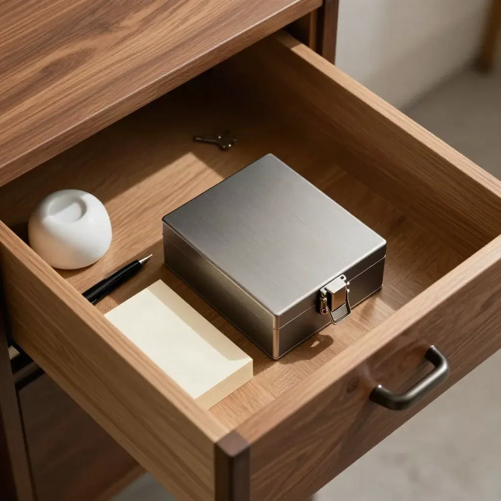 Overhead of a drawer lock box with cards, pen and paperweight in a shallow office drawer.