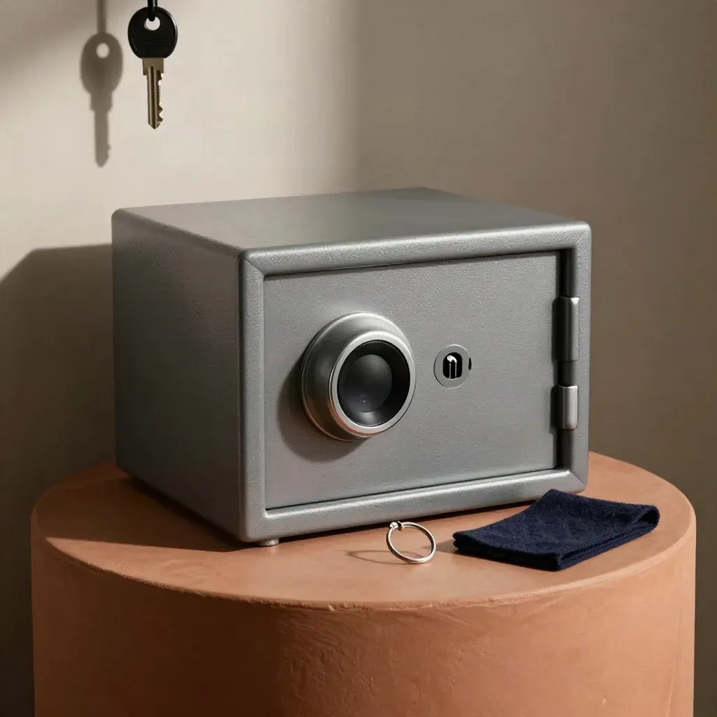 Mini biometric safe on a terracotta pedestal with key ring and felt pad, lid closing.