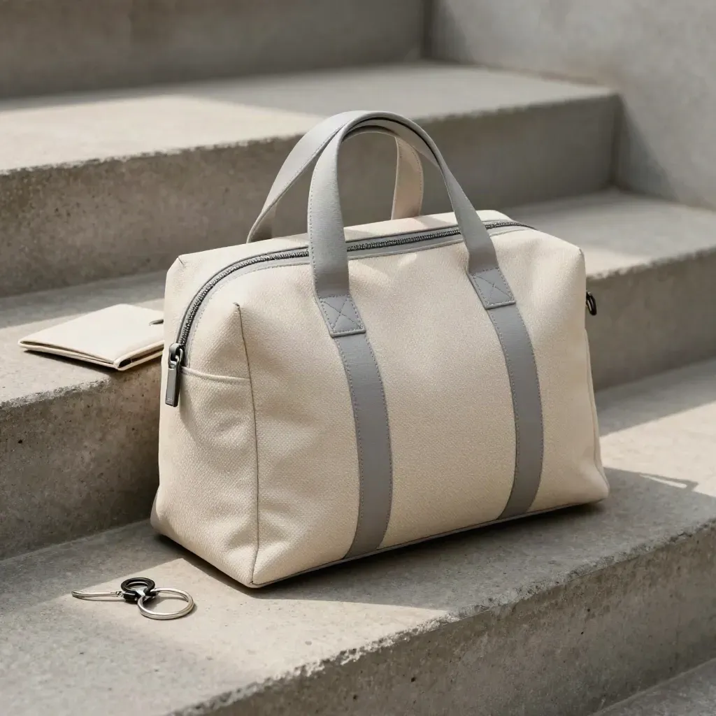 Fireproof cash bag with pouch and key ring on a concrete step in soft daylight.