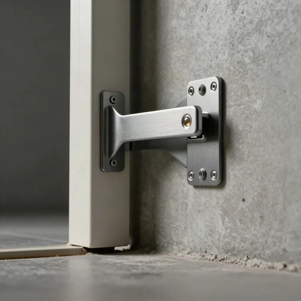 Low-angle shot of a steel wall brace locked across a door frame in a dark studio.