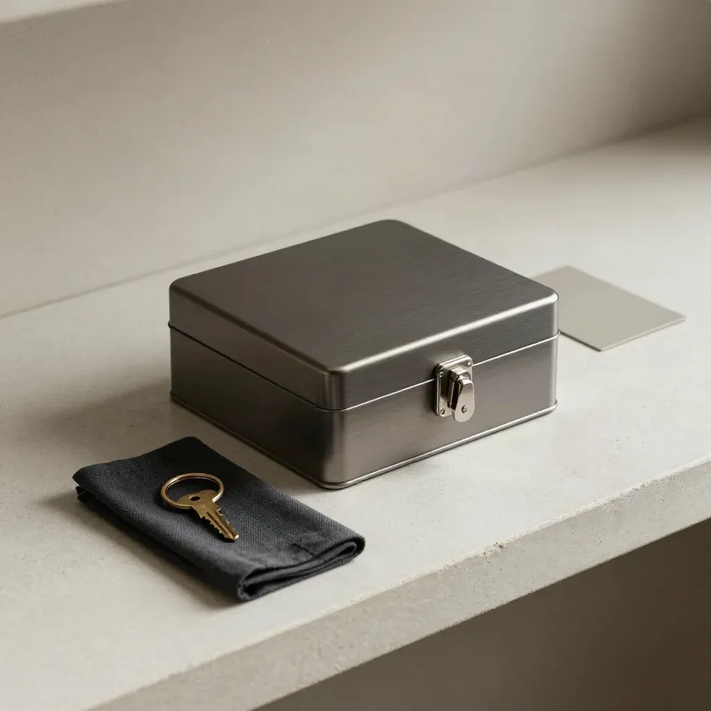 Compact steel lock box with key ring and fabric pad on pale concrete, overhead product flatlay