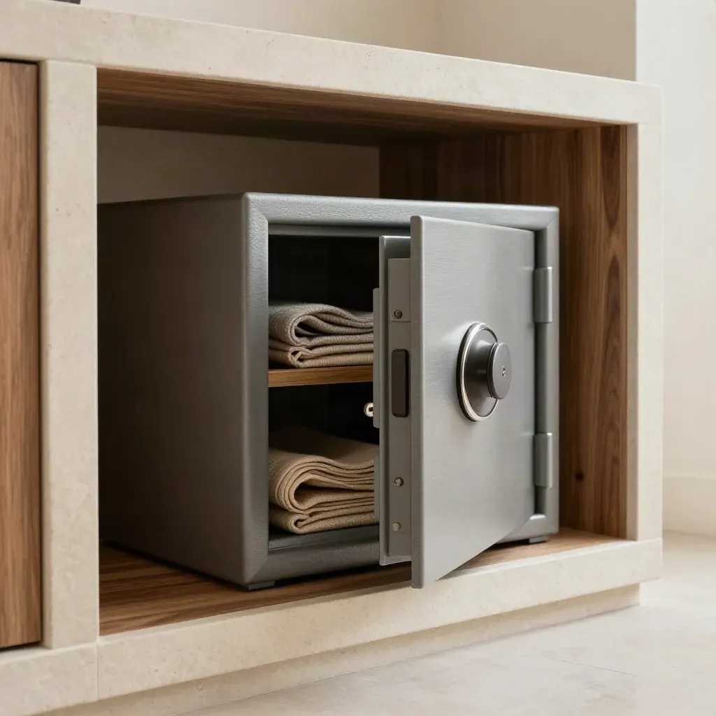 Fireproof safe alcove in warm oak and stone with calm open floor for copy.